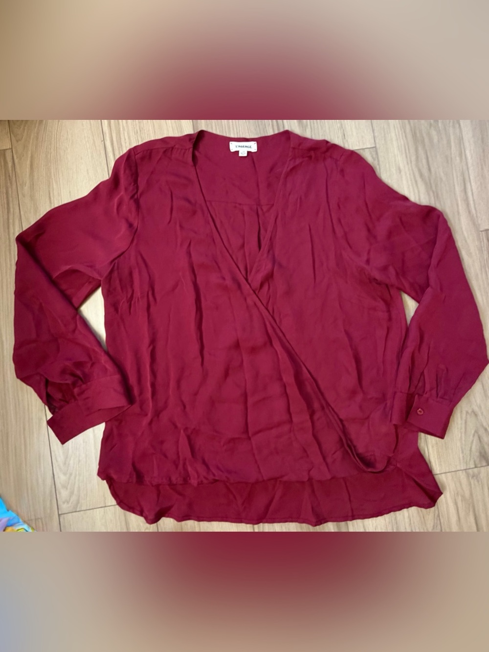 L’AGENCE 100% Silk Burgundy Draped Wrap-Style Long Sleeve Blouse V-Neck Sz L